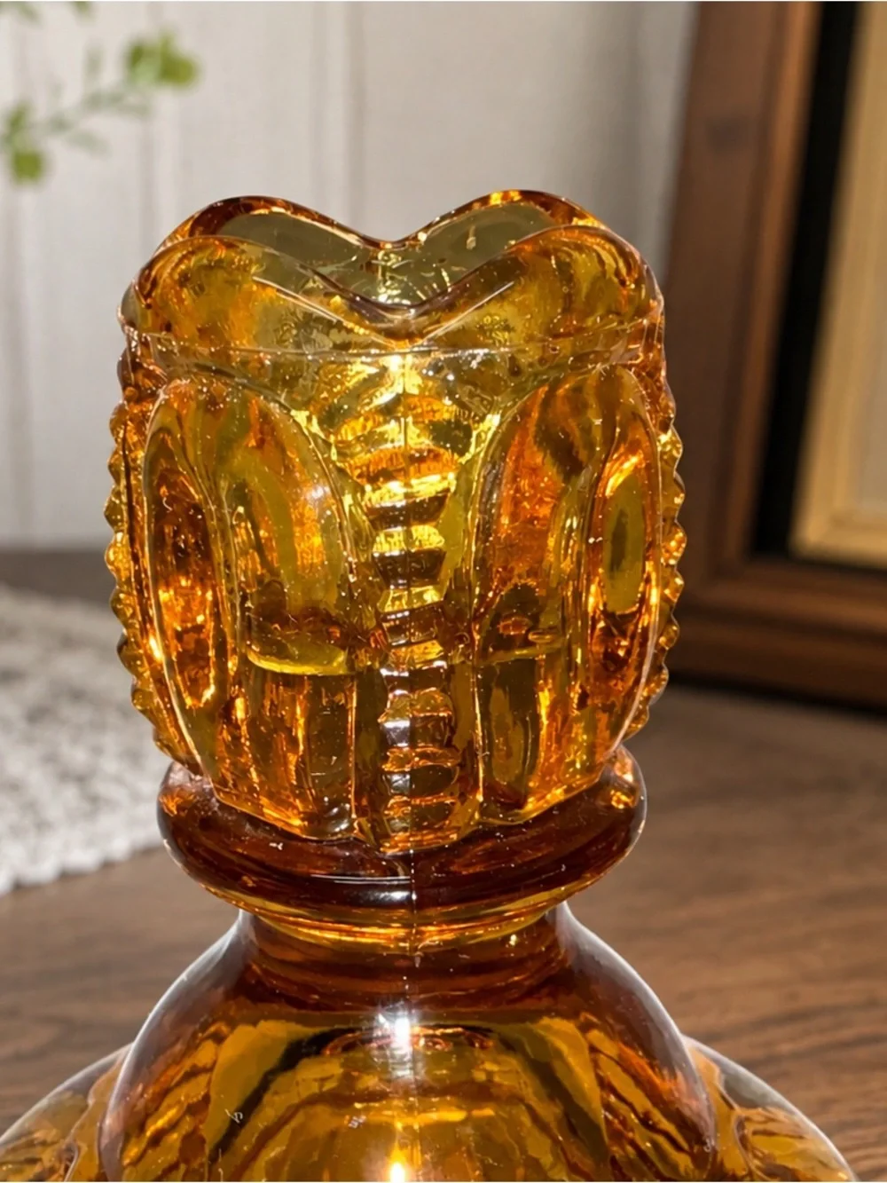 Pair Vintage Amber Glass Candle Holders Pressed Glass Daisy Button